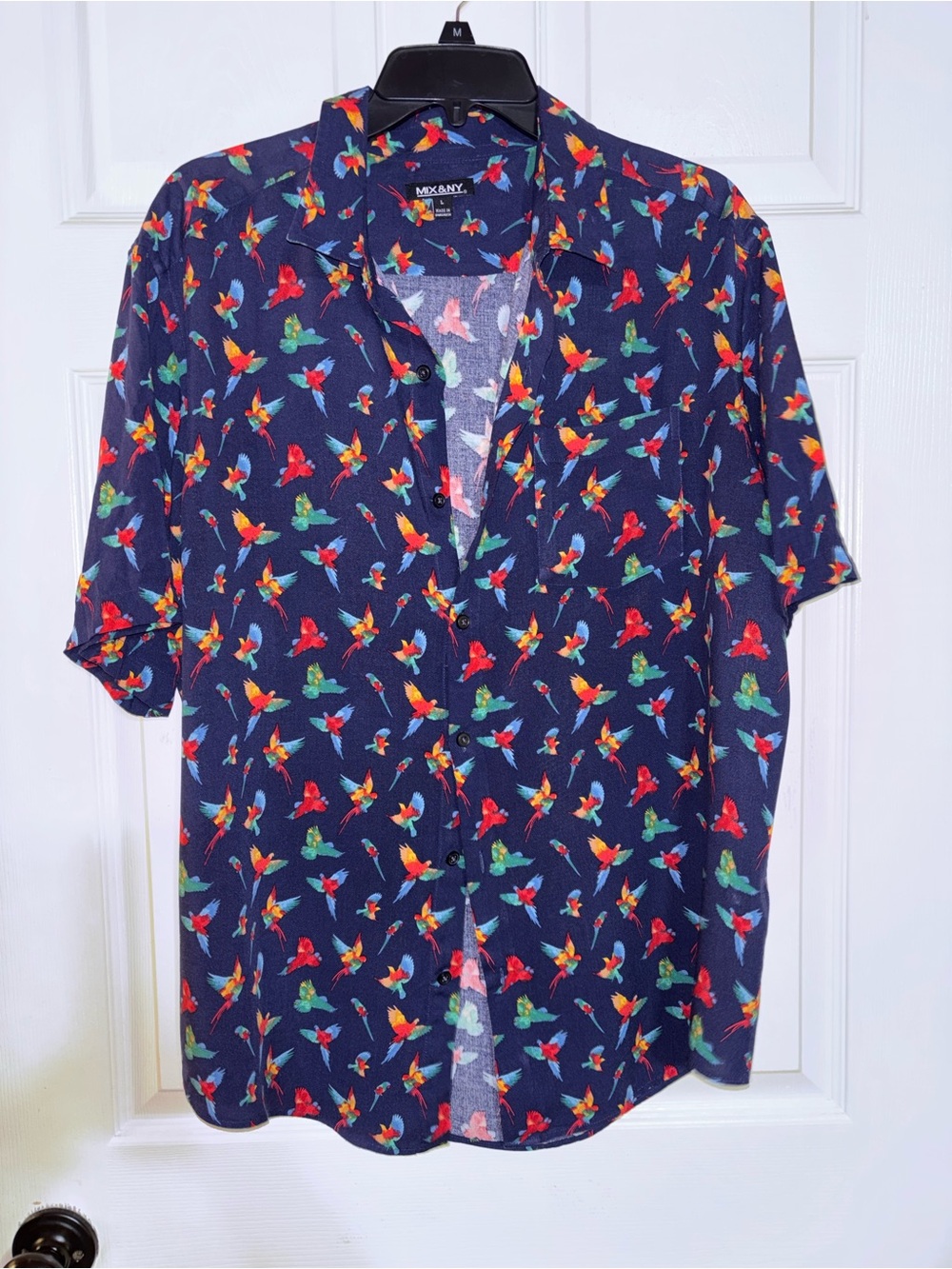 Navy Parrot-Print Short-Sleeve Button-Down Shirt